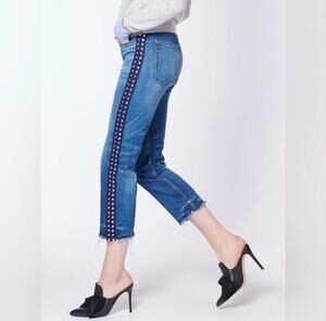 Veronica Beard Ines Rhinestone Tuxedo Stripe Jeans Crystal Raw Hem Glam Designer